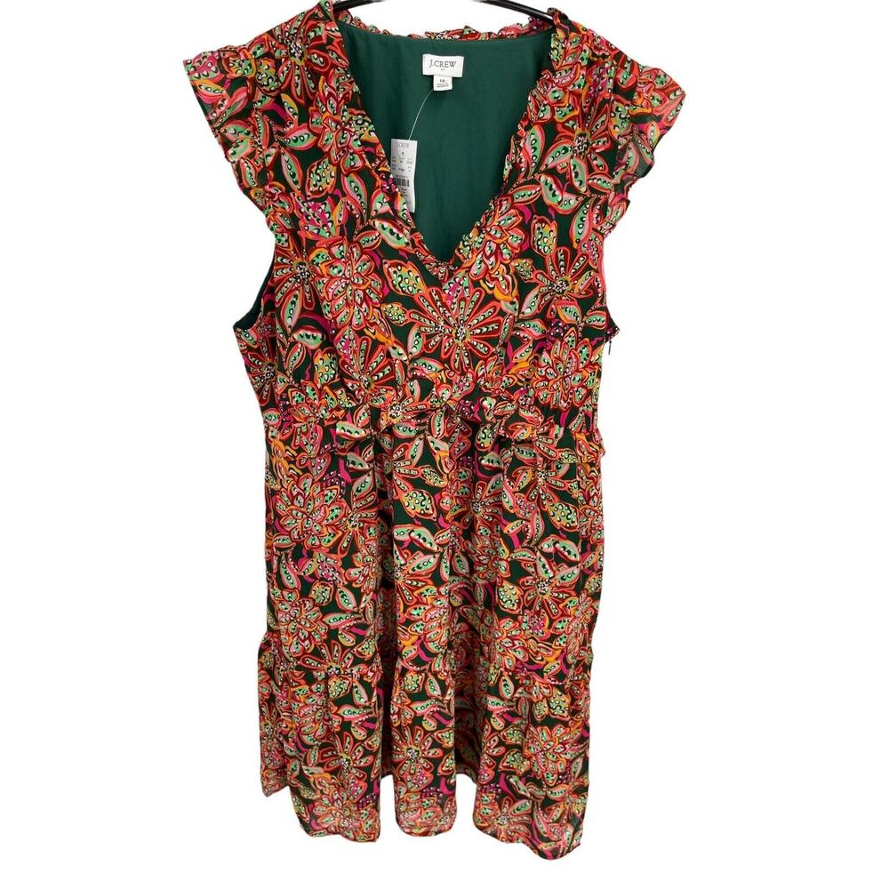 NWT J Crew Ruffle V-Neck Mini Dress Verte Fern Canyon Size 14